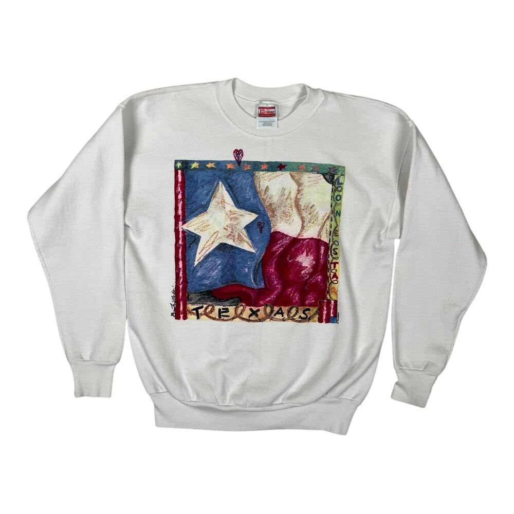 Vintage Hanes Texas Flag Sweatshirt Size Medium White Lone Star Fleece USA Made